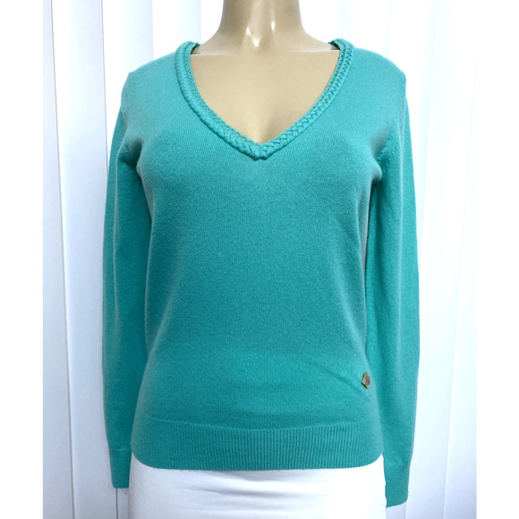 Roberta Scarpa Cashmere Knit Sweater Long Sleeve V Neck Aqua Blue Turquoise 10 M - Picture 1 of 7